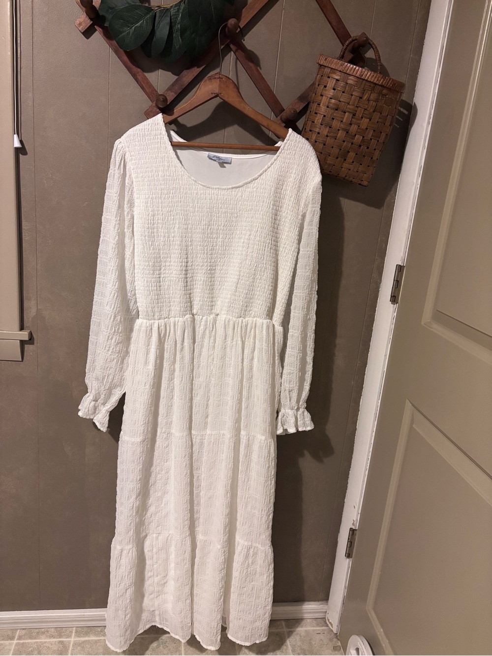 Polagram White Textured Long Sleeve Maxi Dress